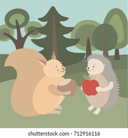 Cute animals  Squirrel and Hedgehog in forest  vector illustration. 