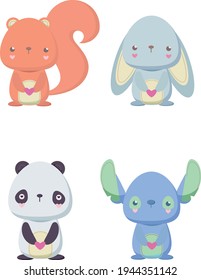 süße Tiere: Eichhörnchen, Kaninchen, Panda und Alien, hergestellt aus Vektorgrafik