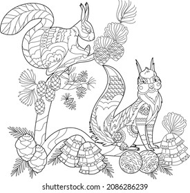 Cute animals squirrels. Black and white background. Funny animals, coloring book pages. Hand drawn illustration in zentangle style for children and adults, tattoo.