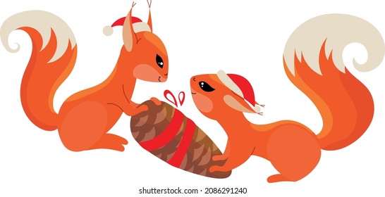 Cute animals squirrels. Funny couple with Christmas  gift fir cone isolated on white background.  Winter illustration for children and adults.