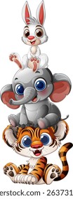 Cute animals stacked in a playful tower