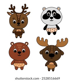 Cute animals in standing position Vector illustration. Deer, panda, bear, elk. Isolated on white background.