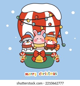 Cute animals stay in balloon with merry christmas text on sky background.Penguin,rabbit,red panda cartoon hand drawn.Winter.New year fextival.Kawaii.Vector.Illustration.