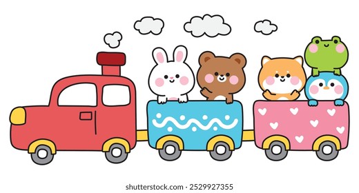 Cute animals stay on train.Traffic.Vehicle.Animal character cartoon design.Rabbit,teddy bear,shiba inu dog,penguin,frog hand drawn.Kawaii.Vector.Illustration.