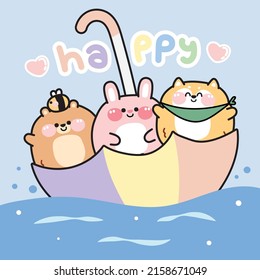 Cute animals stay in umbrella and happy text Bear rabbit dog cartoon hand drawn Animal character deign Kawaii Vector Illustration 