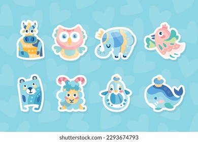 Cute animals stickers set. Cow, owl, elephant, bear, sheep, penguin, whale. Childish prints for apparel, stickers, cards and nursery vector illustration