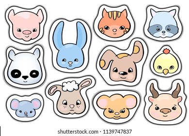 Cute animals stickers. Smile animal head vector clipart. Handdrawn domestic and wild animal face. Hand-drawn doodle sticker. Cute nursery characters. Chick, rabbit, sheep, racoon, panda, pig isolated