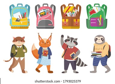 Cute animals students and bags collection, colorful vector banner with schoolchildren characters and bright schoolbags set with school supplies on white. Kids backpacks with education equipment