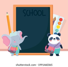 cute animals students with chalkboard