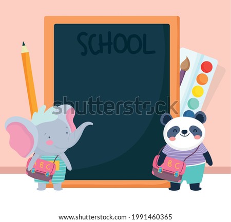 cute animals students with chalkboard