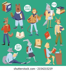 Cute animals studying at school or college, flat vector illustration isolated on green background. Cartoon characters of bear, monkey, rabbit, deer and dog in uniform reading books.