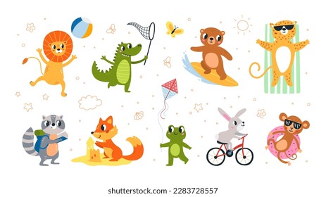 Cute animals summer activities. Animal on beach and travel, walking, playing and resting. Bunny on bicycle and raccoon with map, classy vector clipart