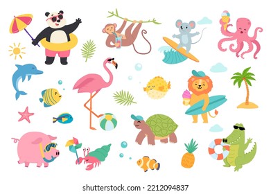 Animales de corte en viajes de verano con elementos de dibujos animados en diseño plano. Paquete de panda en la playa, ratón de surf o león, pulpo con helado, resort y otras pegatinas aisladas. Ilustración del vector