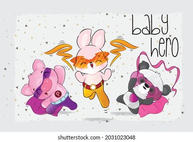 Cute animals super hero character illustration: can be used for cards, invitations, baby shower, posters; with white isolated background
