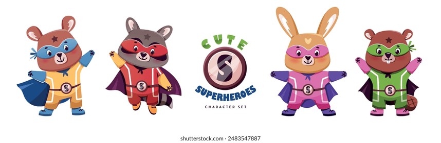 Lindos animales superhéroes. Oso, mapache, conejo y castor. Conjunto de personajes en trajes de superhéroes sobre un fondo blanco.