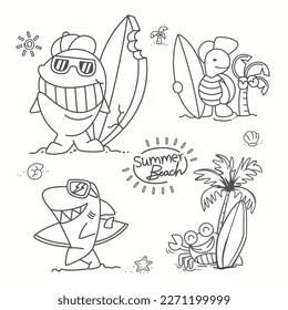 Cute animals surfers set, Funny hand drawn characters for kids, Vector cartoon illustration. whale, shark, turtle, crab. summer beach slogan, Coloring page with cartoon animal and beach objects.