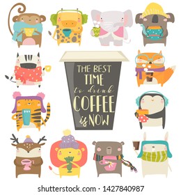 Cute animals in sweater and scarf drinking coffee