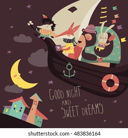 Cute animals swimming on boat in the night sky