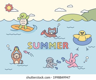 Cute animals are swimming in the sea. flat design style minimal vector illustration.