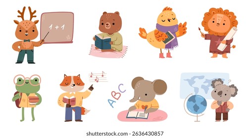 Cute animals teaching and learning. Vector academic environments of woodland creatures. Isolated collection of adorable forest dwellers. Bear and fox, elephant and frog, bird and lion, koala and deer