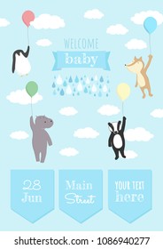 Cute animals template illustration baby boy shower. Flying animals balloons.