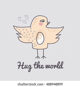 Cute animals and text: birds and Hug the world. Vector illustration