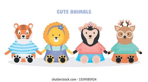 cute animals tiger lion sloth bear and deer with clothes vector illustration