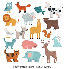 Cute animals. Tiger, owl and bear, elephant and lion, llama and deer, hare and dog, squirrel wild and farm cartoon animal vector set