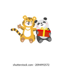Cute animals, tiger and panda with gift box, Cartoon character. It can be used for sticker, greeting card, banner, phone case, poster, t shirt, mug, calendar