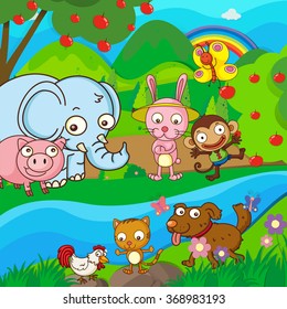 Cute animals together at the river illustration