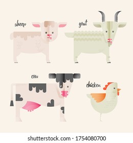 Cute Animals with Tongue Vector Illustration Icon Set: Sheep, Goat, Cow, Chicken isolated on a white background.