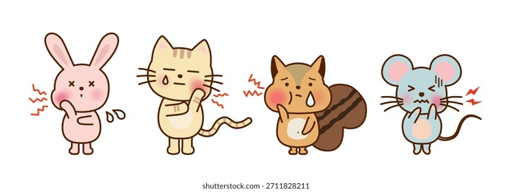 Animais bonitos com conjunto de ilustração para dor de dente — Coelho, gato, rato e esquilo