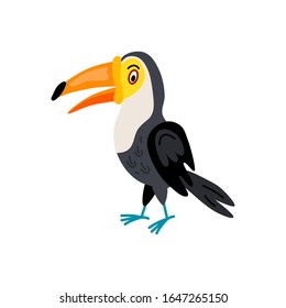 Cute animals - toucan. Illustrations for children. Baby Shower card. Cartoon character bird isolated on white background. South America animal wildlife