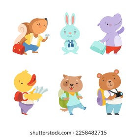 Cute Animals Tourist or Travellers with Camera and Backpack Hiking Vector Set