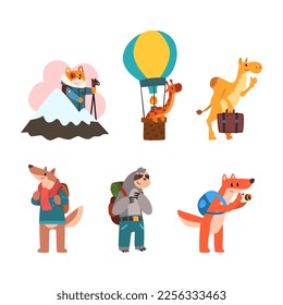 Cute Animals Tourist or Travellers with Trunk, Camera and Backpack Hiking Vector Set