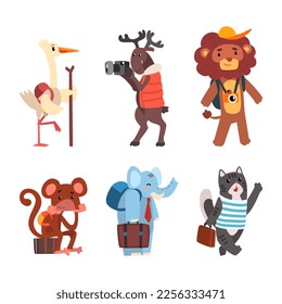 Cute Animals Tourist or Travellers with Trunk, Camera and Backpack Hiking Vector Set