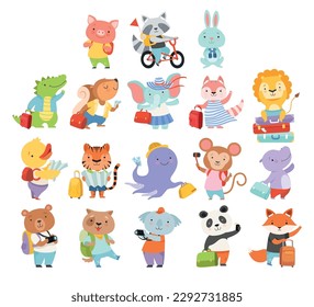 Cute Animals Tourist or Travellers with Trunk, Camera and Backpack Hiking Big Vector Set