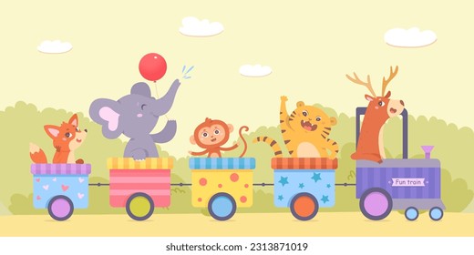 Cute animals travel on fun train vector illustration. Cartoon little animals passengers ride toy locomotive and colorful carriages in green summer landscape, playful elephant holding balloon