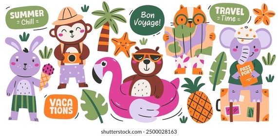 Cute animals traveler and tourist doodle characters having fun enjoying summer beach vacation and chilling vector illustration. Funny monkey, bear, bunny, elephant and raccoon at tropical resort