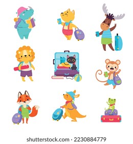 Cute Animals Traveler with Trunk and Backpack Having Journey on Vacation Vector Set