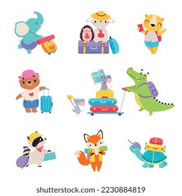 Cute Animals Traveler with Trunk and Backpack Having Journey on Vacation Vector Set