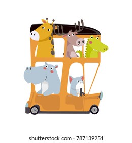 Cute animals traveling by bus. Kids transport collection with cute animals.  Vector illustration on a white background. 