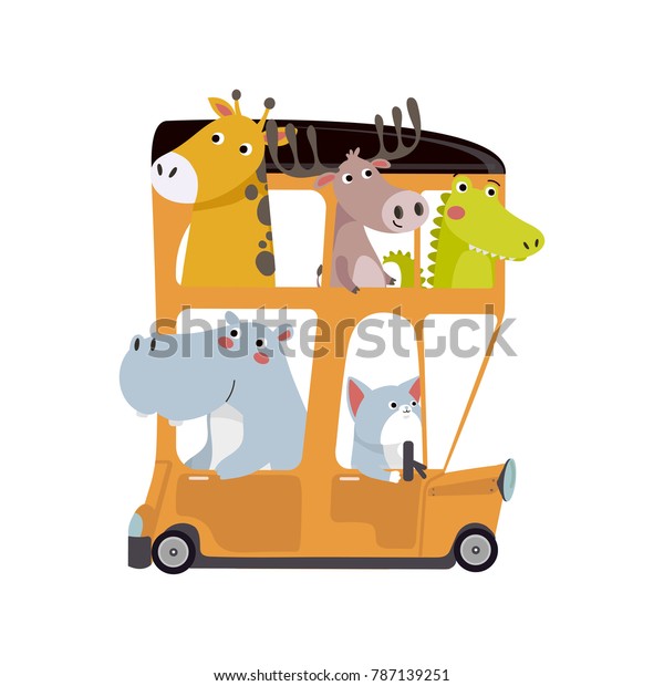 Cute animals traveling by bus. Kids transport collection\
with cute animals.  Vector illustration on a white background.\
