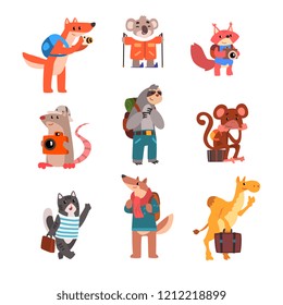 Animales curos conjuntos de viajes, animales salvajes personajes de caricaturas con mochilas y maletas vectorial Ilustración sobre un fondo blanco