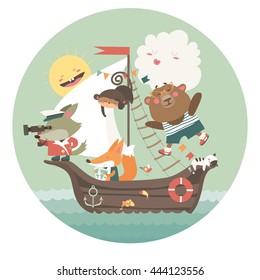 Cute animals travelling by ship on sea