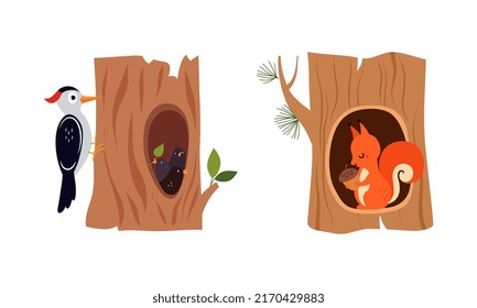 Animales cortos en juego de huecos de árboles. Pequeña ardilla adorable sentada en hueco. Ladrillos de alimentación de pájaros de lana en la ilustración vectorial de caricatura anidada