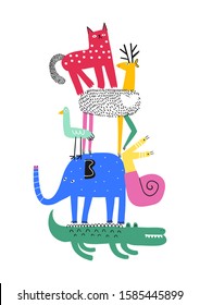 Cute animals. T-shirt graphics for kids vector illustration. Fun cartoon animals pyramid greeting card.
