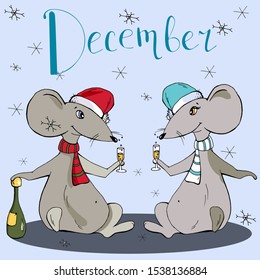 Cute animals two mice drink champagne and celebrate the New year cartoon hand drawn vector illustration. Can be used for t-shirt print, kids wear fashion design, baby shower invitation card
