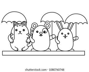 cute animals with umbrellas kawaii character
