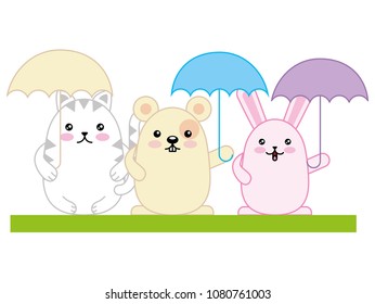 cute animals with umbrellas kawaii character
